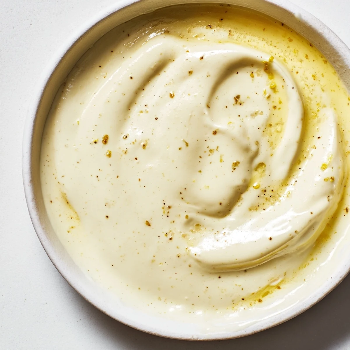 Golden creamy lemon vinaigrette drizzled over fresh green salad in glass bowl