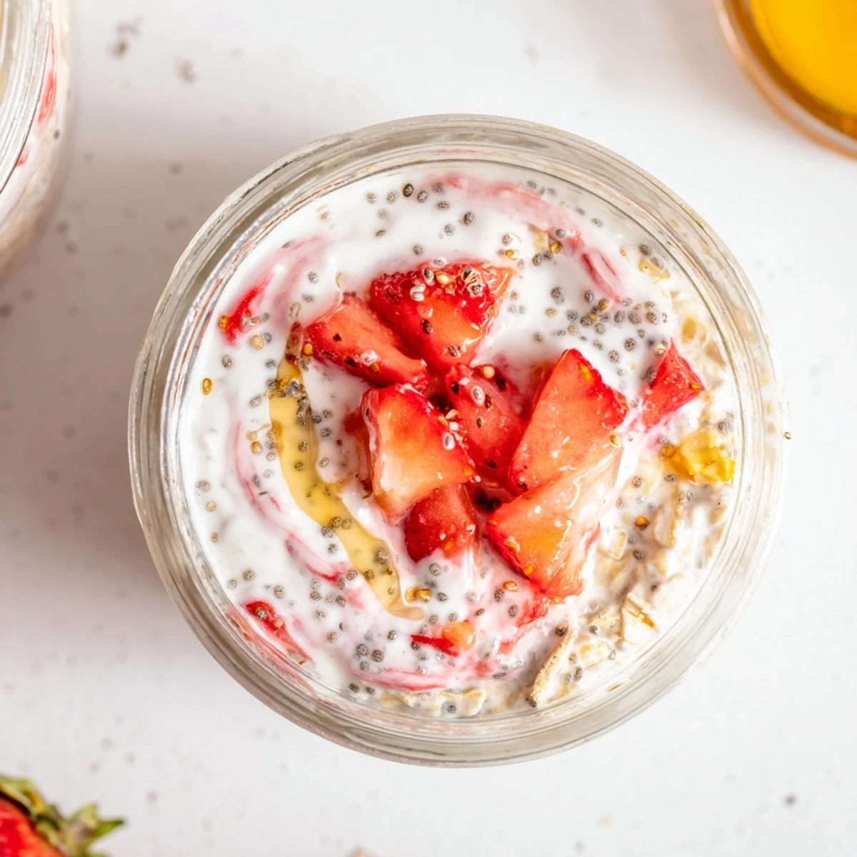Creamy overnight oats in a mason jar layered with juicy diced strawberries and white yogurt swirl