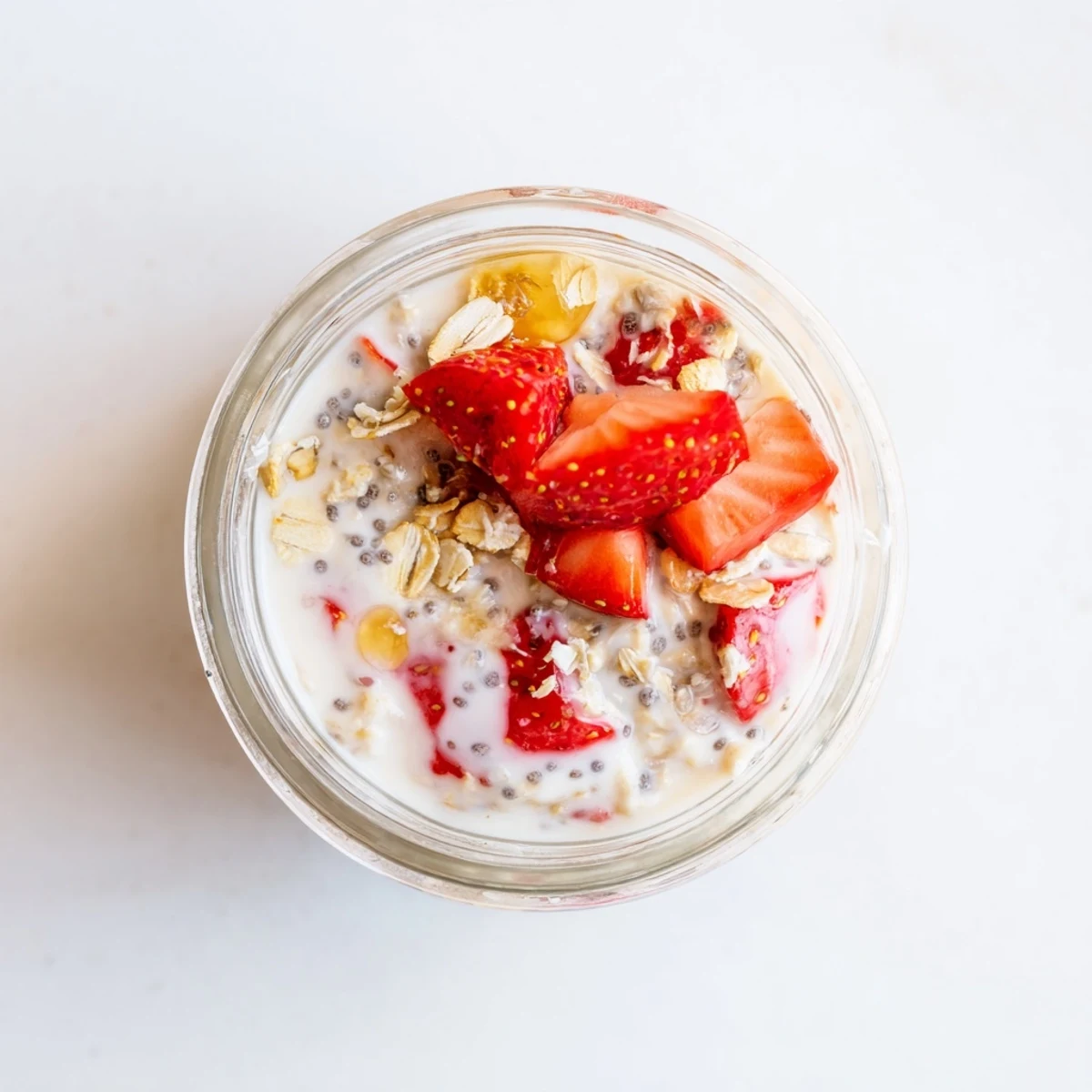 Glass jar filled with strawberries and cream overnight oats topped with fresh strawberry slices and granola