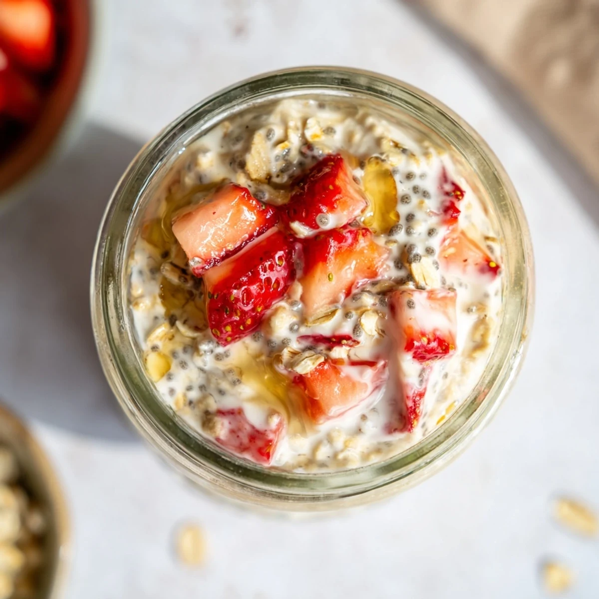 Meal prep strawberries and cream overnight oats displayed with fresh berry toppings and crunchy granola sprinkles
