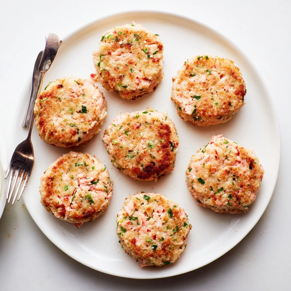 Golden brown easy salmon cakes with canned salmon served on white plate with fresh lemon wedges and parsley garnish