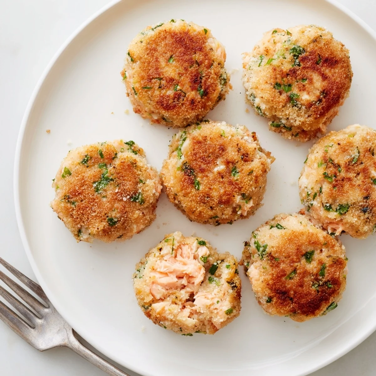 Crispy pan-fried easy salmon cakes with canned salmon arranged on rustic wooden board alongside zesty lemon slices