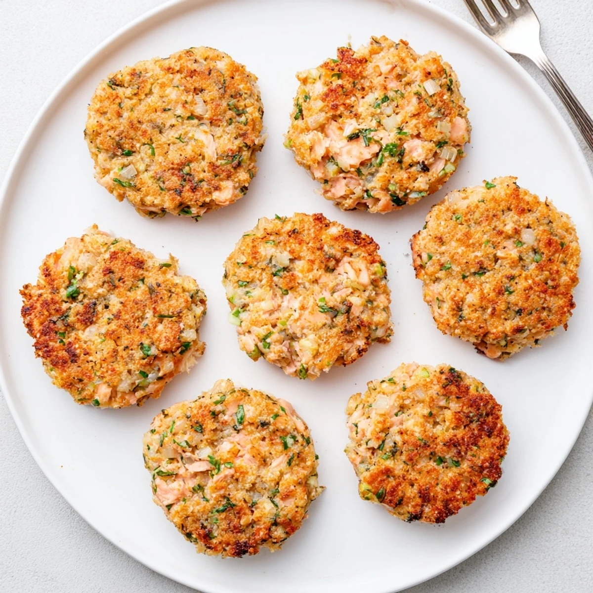 Homemade easy salmon cakes with canned salmon showing perfectly browned edges with fresh herbs and dipping sauce on side
