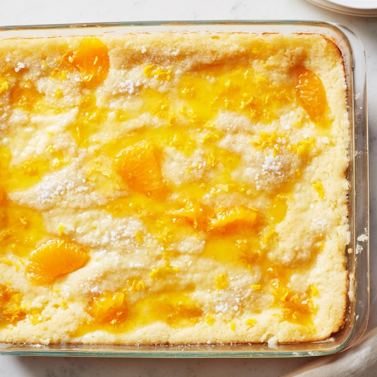 Golden citrus lemon dump cake with bubbling fruit layer and buttery yellow cake crumbs