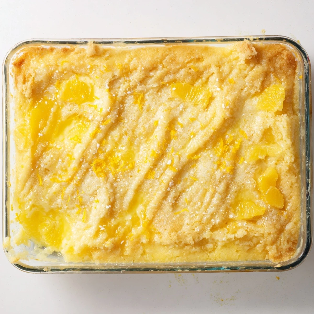 Sliced citrus lemon dump cake served warm with whipped cream or vanilla ice cream