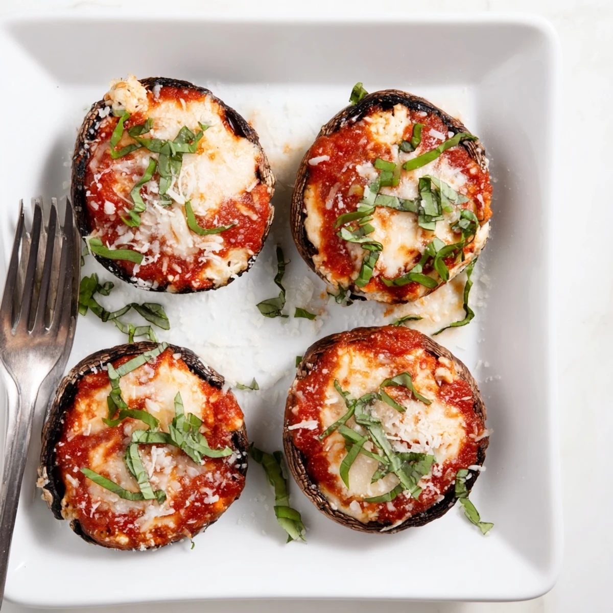 Close-up of tender portobello mushrooms stuffed with cheesy ricotta mixture and marinara, fresh from the oven with garnish sprinkled on top
