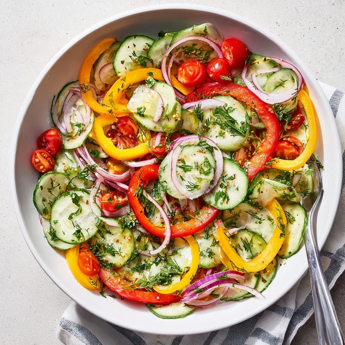 Crisp cucumber and sweet pepper salad tossed with colorful vegetables in a zesty herby dressing