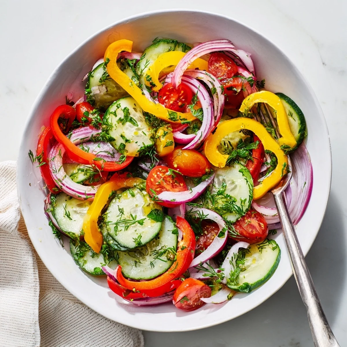 Vibrant bowl of cucumber and sweet pepper salad featuring thinly sliced peppers and cherry tomatoes