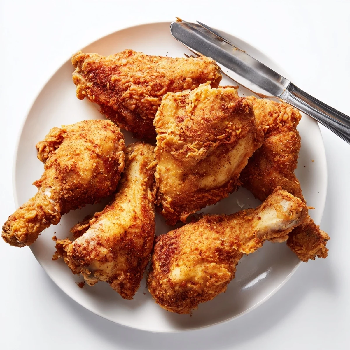 Juicy buttermilk marinated Southern fried chicken with crunchy seasoned flour coating on white plate