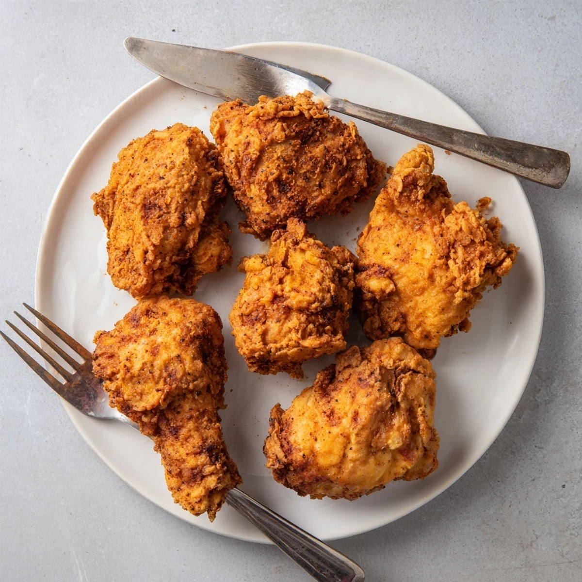 Whole batch of Southern fried chicken pieces piled high with golden crispy skin texture