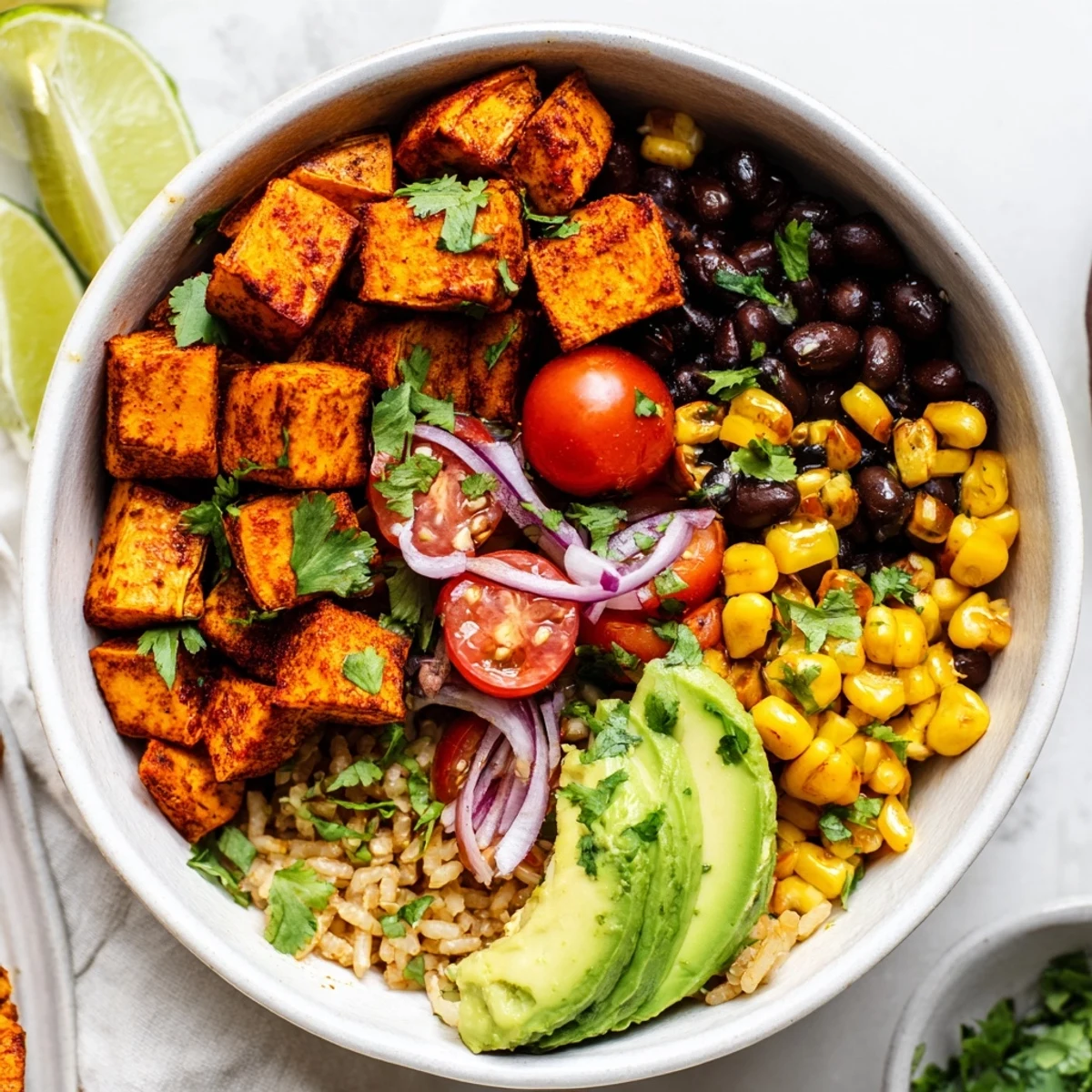 Colorful vegan sweet potato burrito bowl topped with avocado, black beans, and fresh cilantro garnish