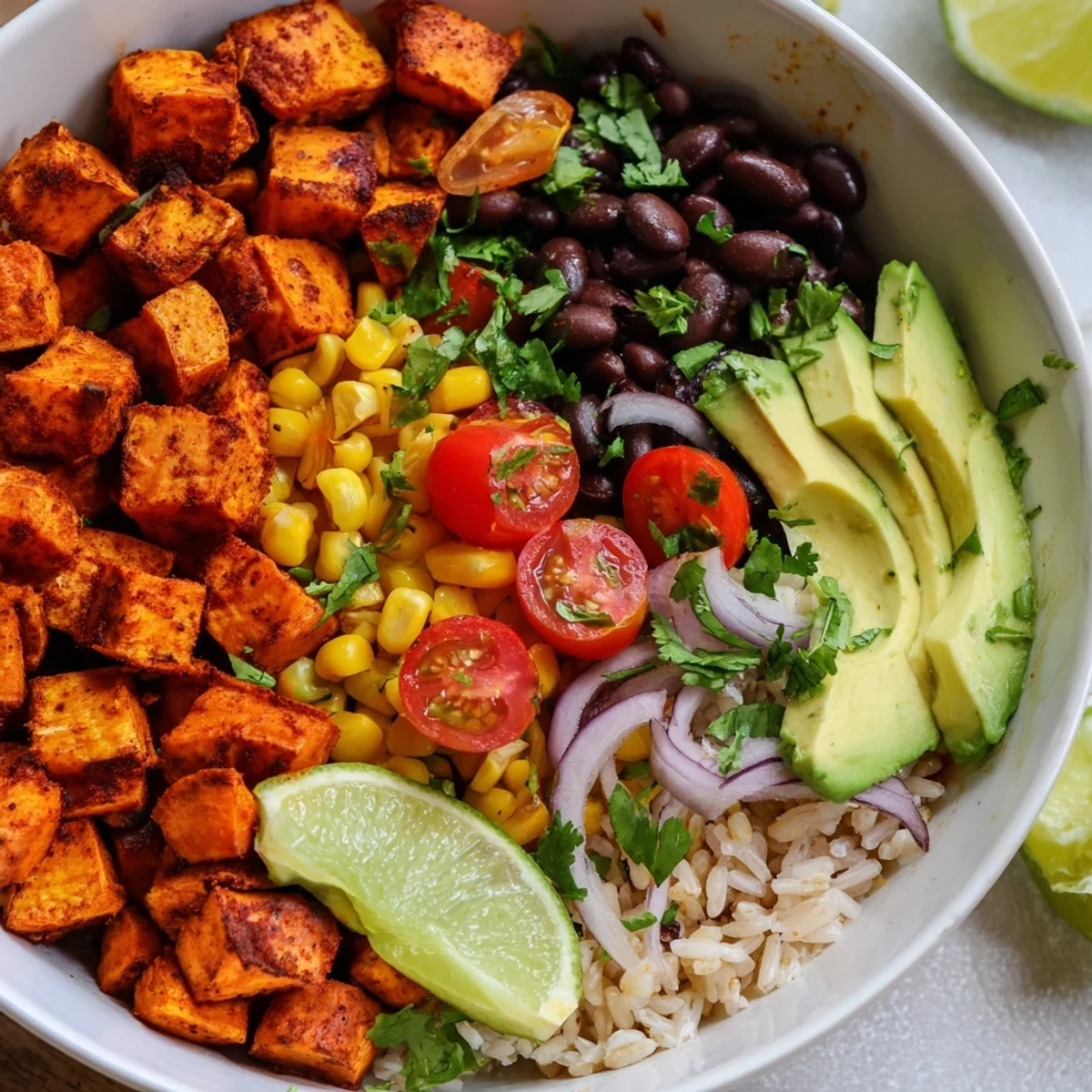 Hearty vegan sweet potato burrito bowl featuring roasted potatoes, zesty lime rice, and vibrant vegetables