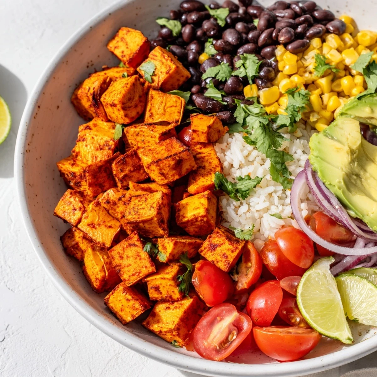 Bowl of vegan sweet potato burrito bowl arranged with creamy avocado slices, corn, and cherry tomatoes