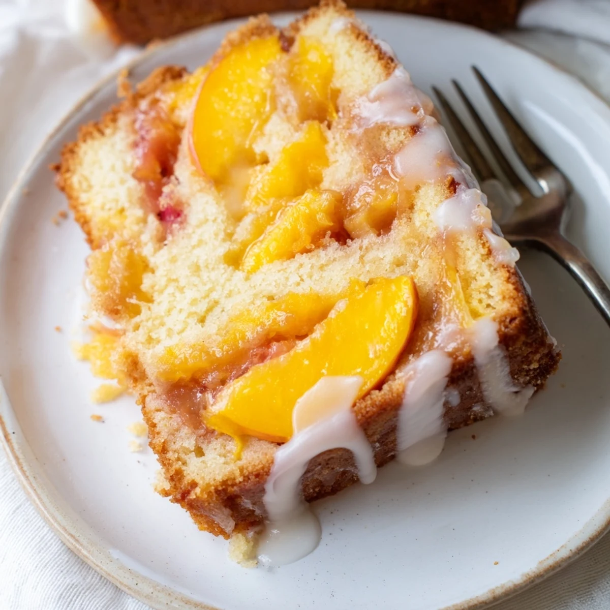 Slice of buttery peach cobbler pound cake topped with sweet spiced peaches and glaze