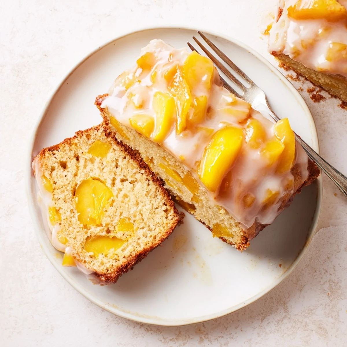 Decadent peach cobbler pound cake showing layers of juicy peaches and vanilla icing
