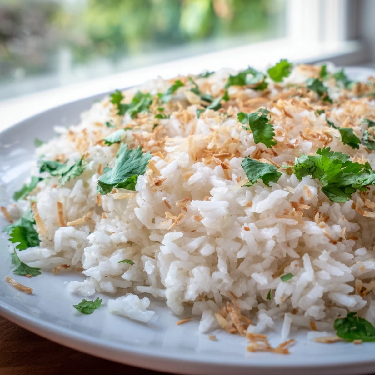 Fluffy coconut rice garnished with toasted coconut flakes and fresh cilantro in a white serving bowl