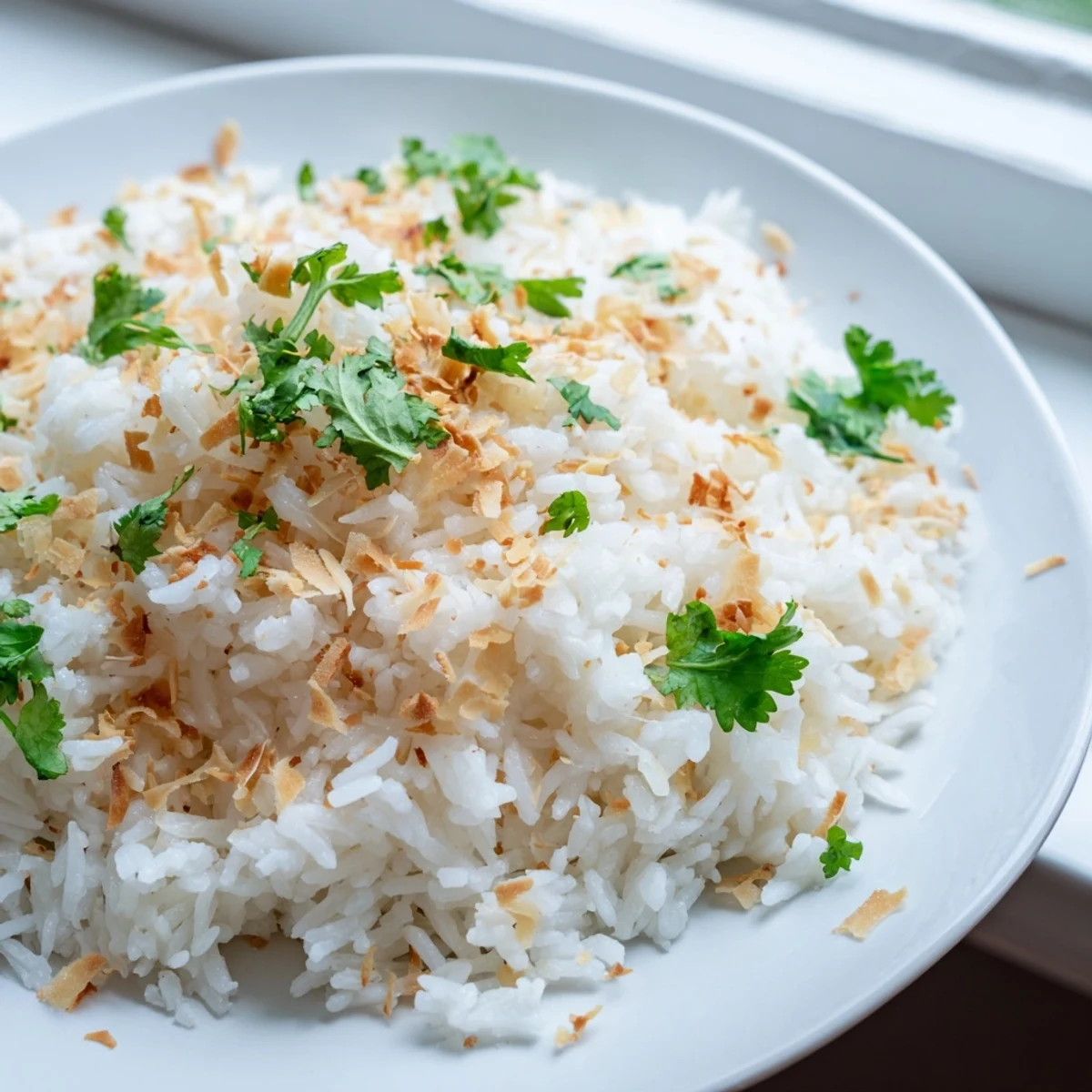 Steaming fluffy coconut rice with fluffy grains and toasted coconut topping ready for serving