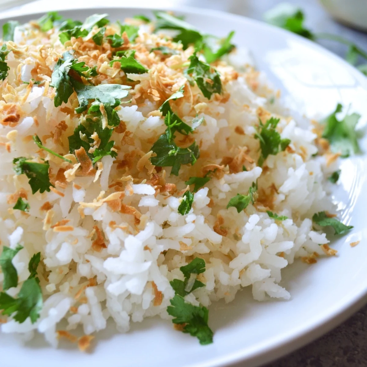 Close up of tender fluffy coconut rice speckled with green scallions on a rustic wooden table
