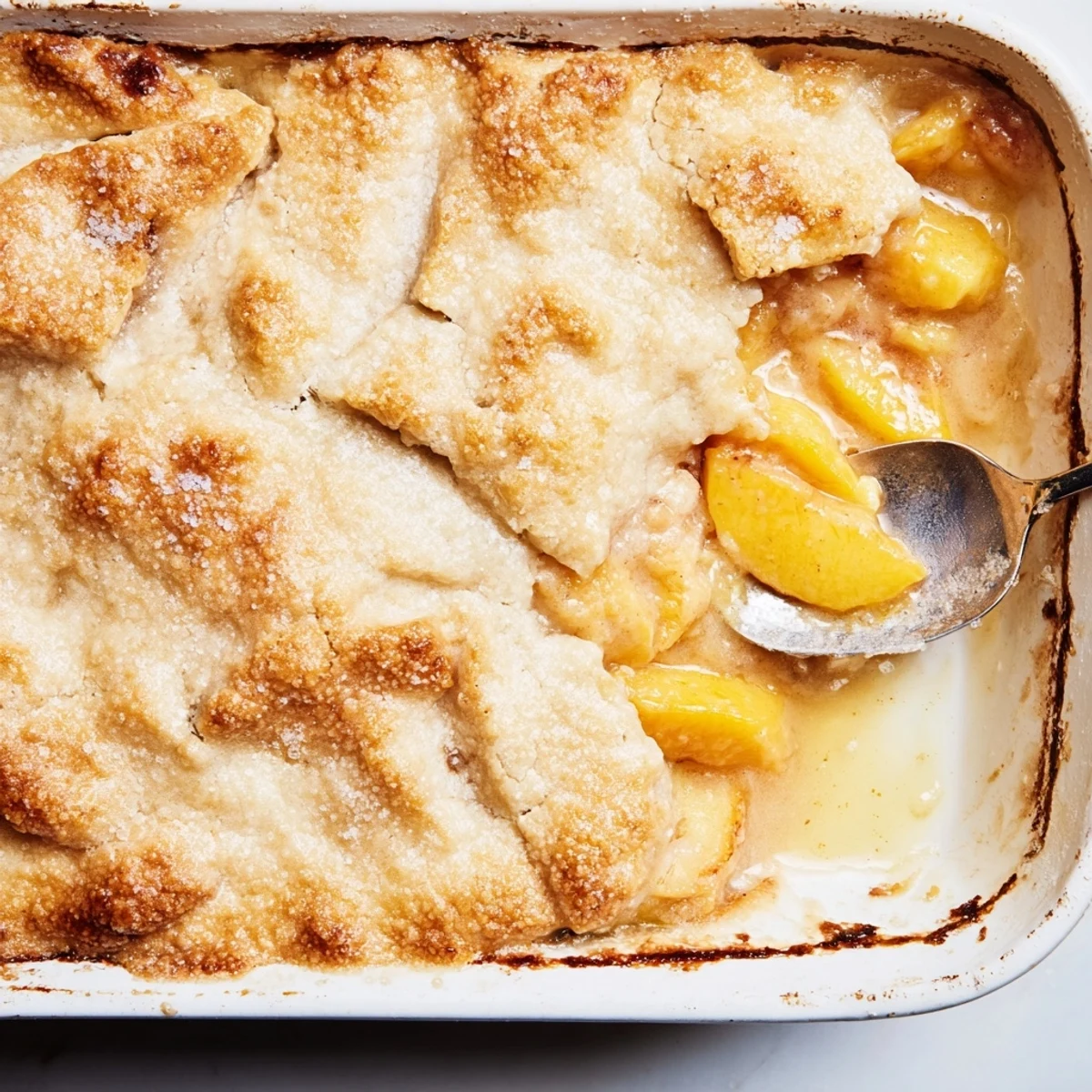 Homemade classic peach cobbler with flaky crust served warm with vanilla ice cream