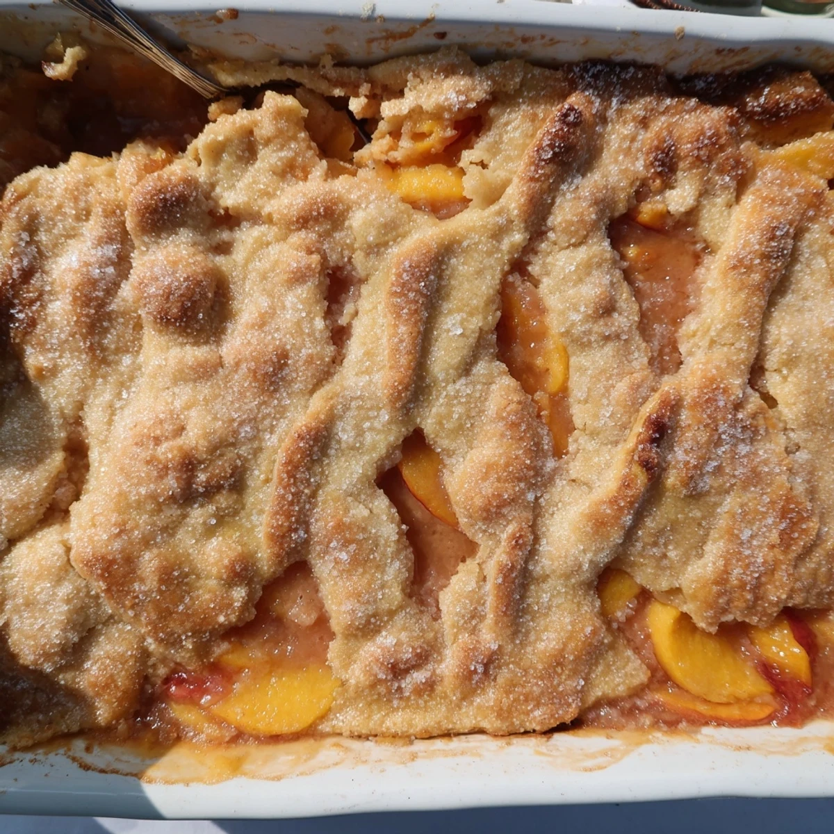 Golden classic peach cobbler with flaky crust bubbling with sweet spiced peach filling