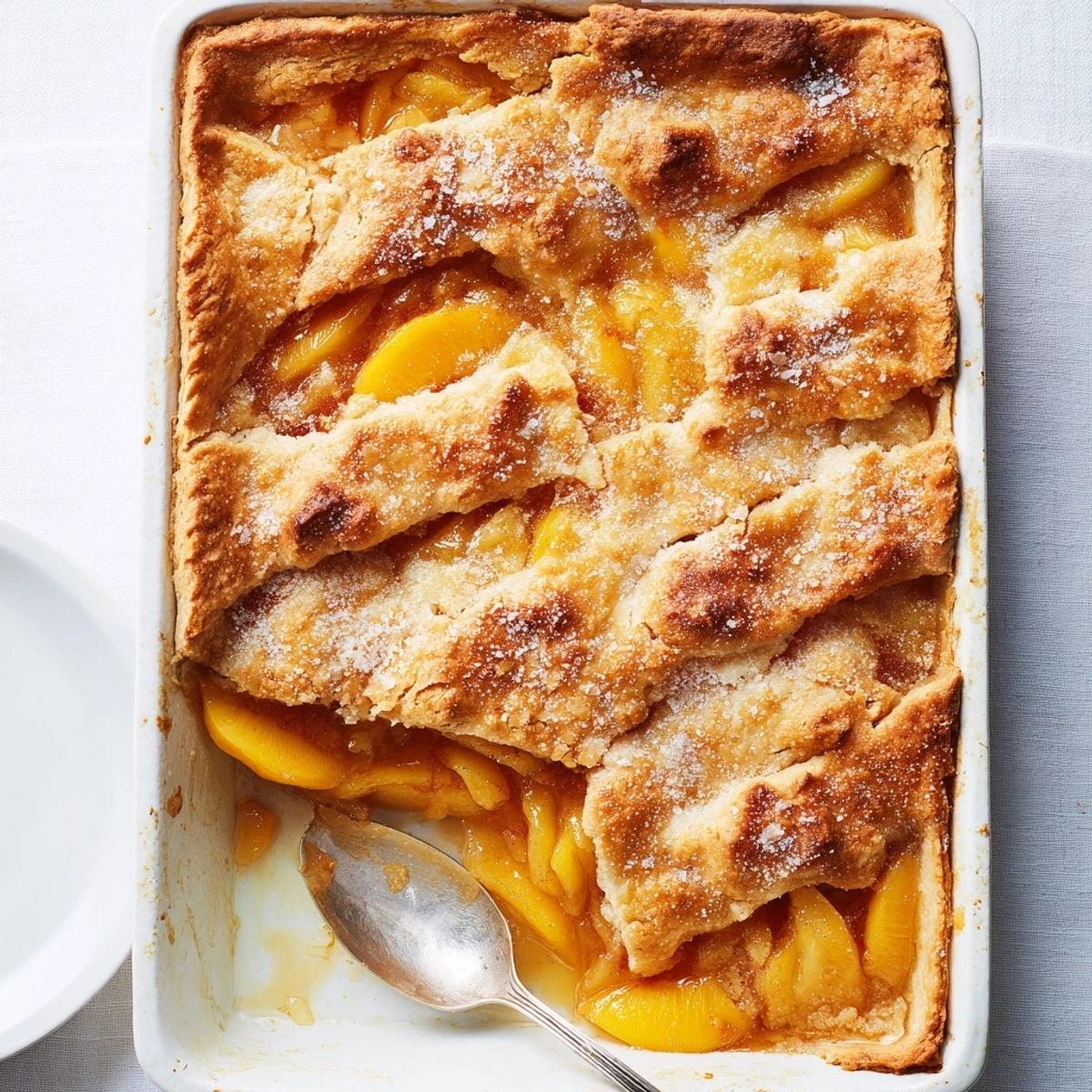 Baked classic peach cobbler with flaky crust featuring tender peaches beneath golden pastry