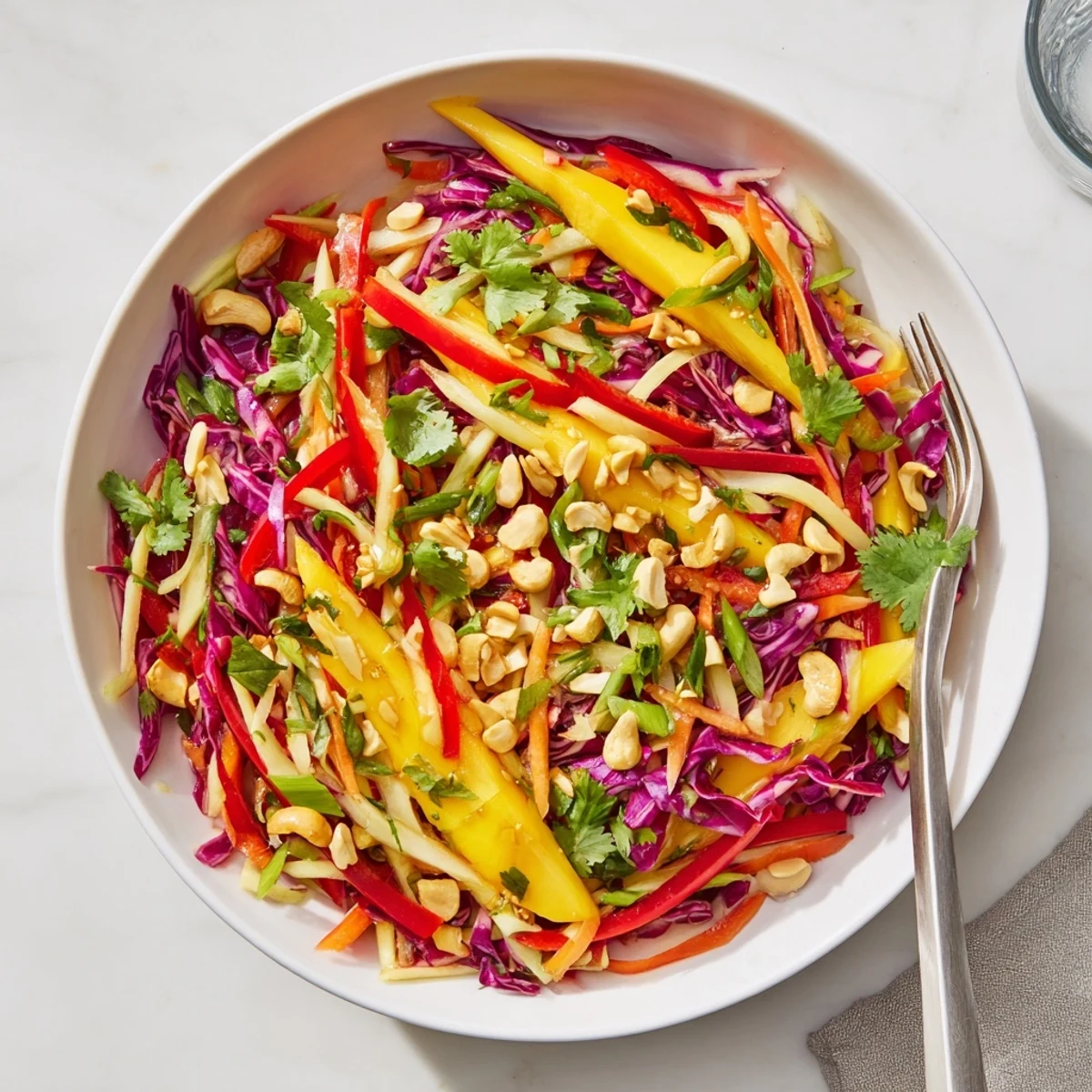 Colorful mango slaw featuring julienned vegetables topped with toasted cashews and fresh cilantro