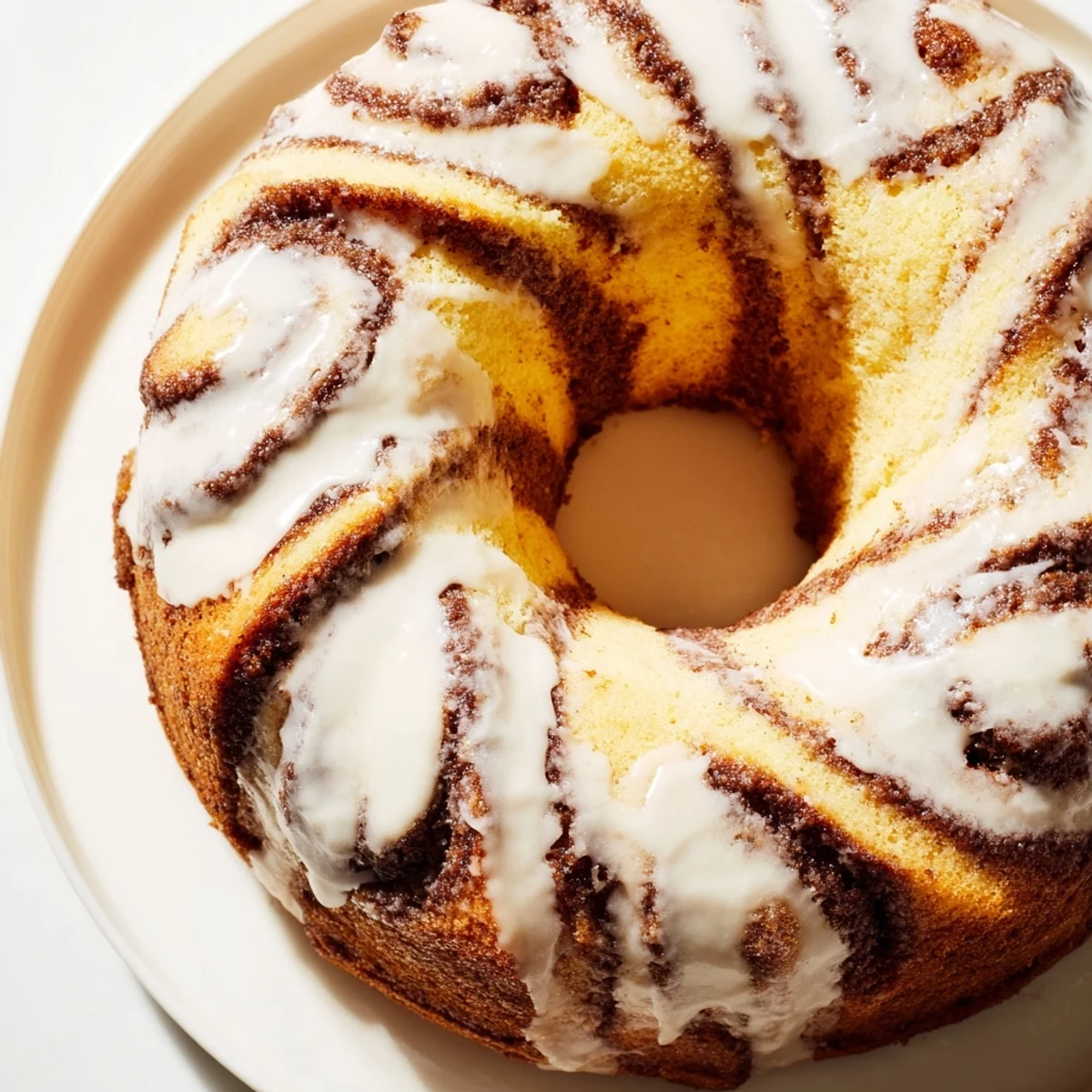 Golden swirled cinnamon roll cake drizzled with white vanilla glaze on a serving plate