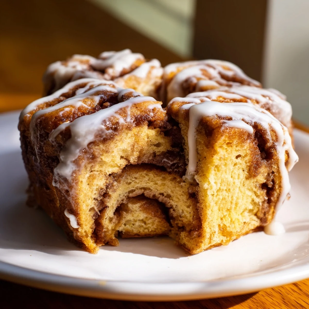 Warm cinnamon roll cake slice showing spiral patterns topped with creamy powdered sugar glaze