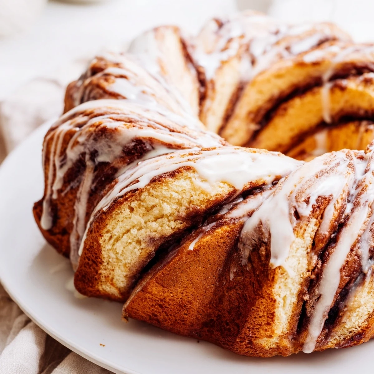 Soft buttery breakfast cake featuring marbled cinnamon sugar ribbons beneath a silky sweet topping