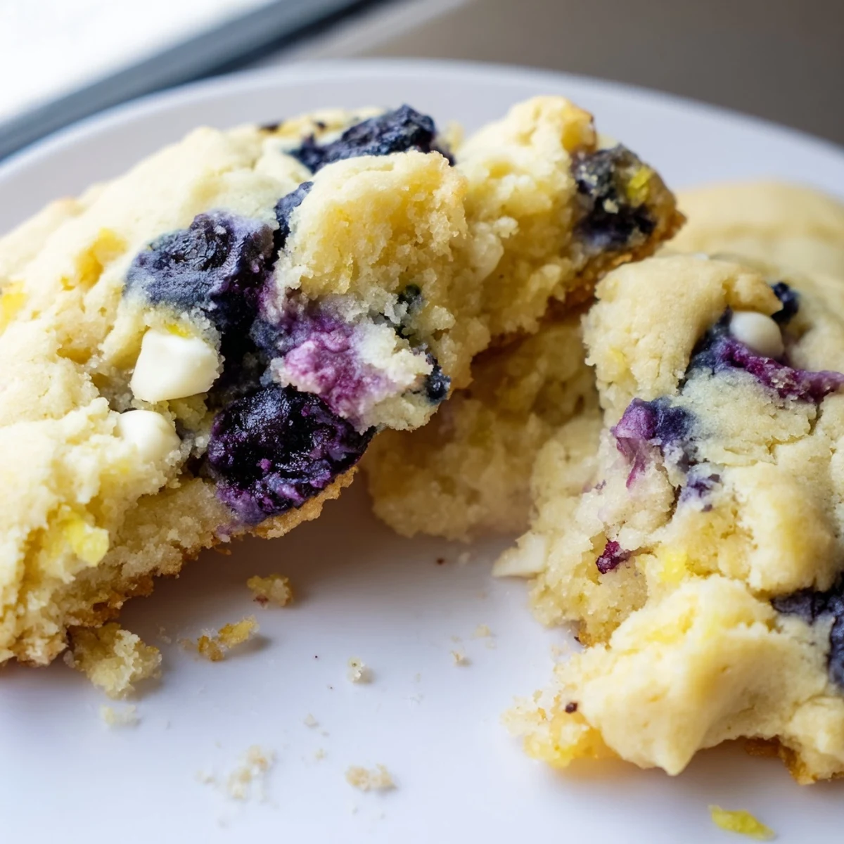Golden chewy lemon blueberry cookies dotted with juicy purple berries on a white baking sheet