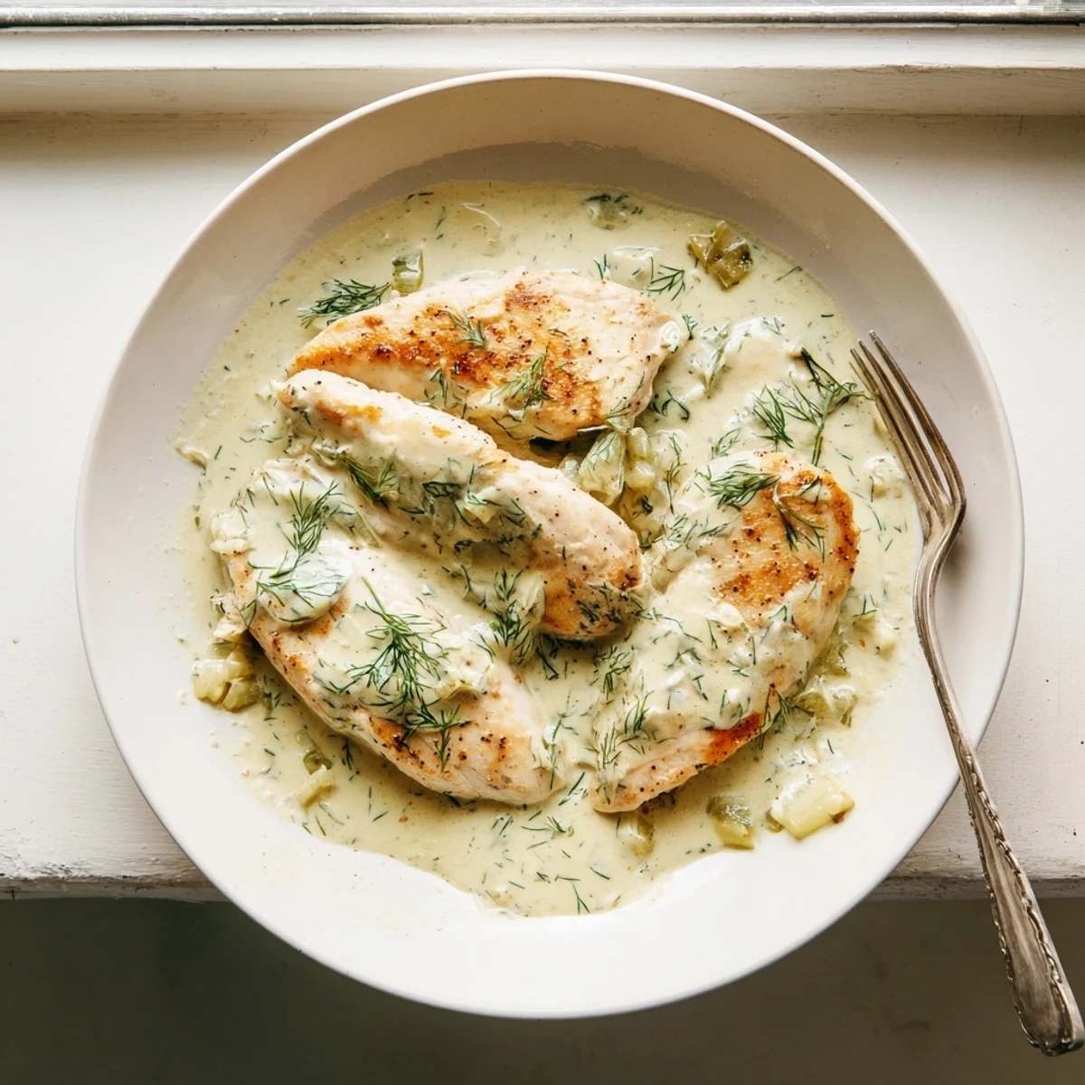 Golden brown chicken breasts nestled in a velvety white dill sauce speckled with fresh herbs
