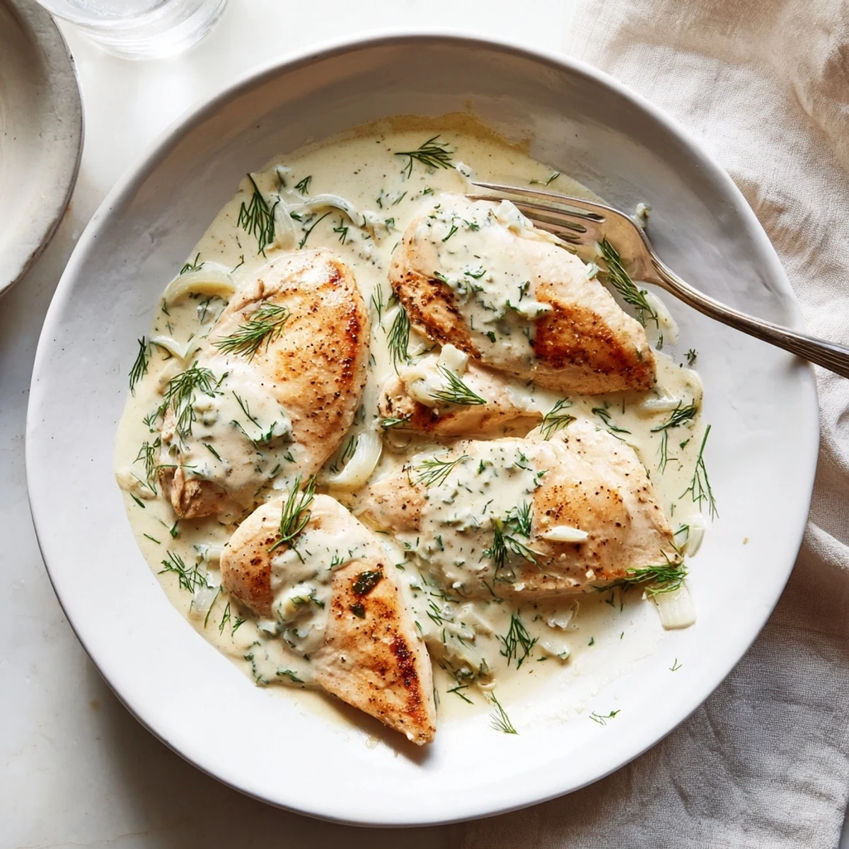 Creamy dill chicken plated with steamed potatoes, featuring tender meat coated in rich white sauce