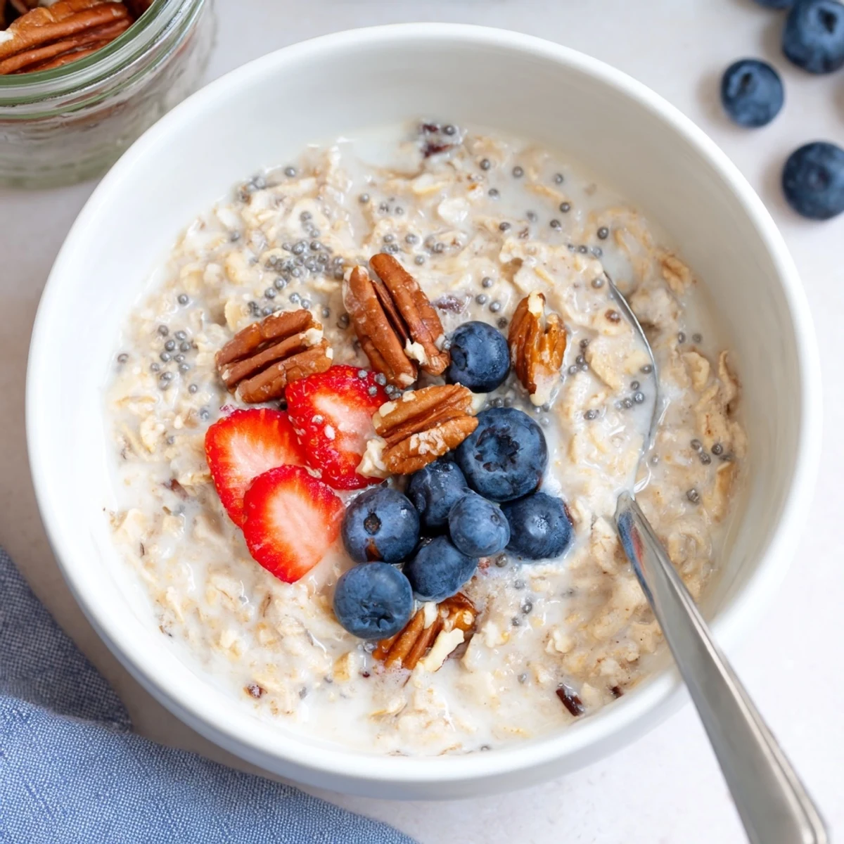 Wholesome brown sugar overnight oats with vanilla, greek yogurt, and colorful fruit ready for breakfast