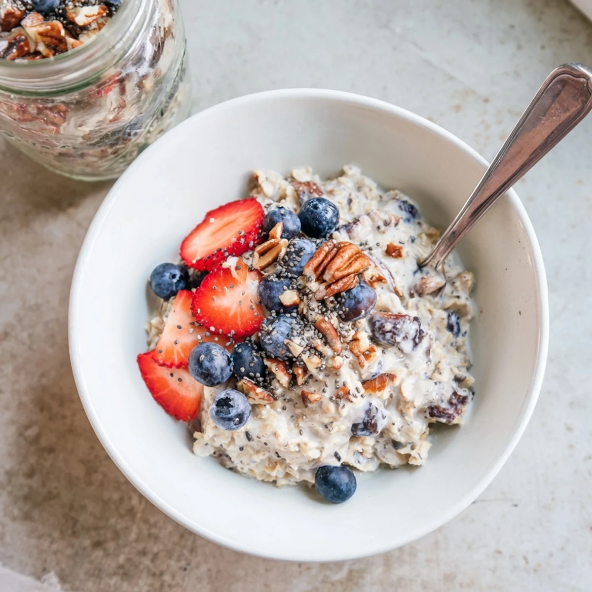 Creamy brown sugar overnight oats topped with fresh berries and chopped nuts in a glass jar