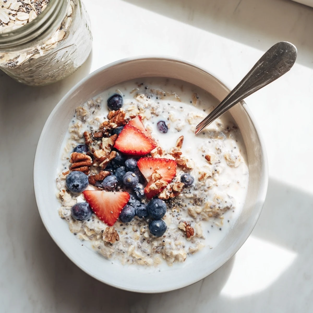 Spoonful of brown sugar overnight oats sprinkled with chia seeds and sliced banana on a wooden table