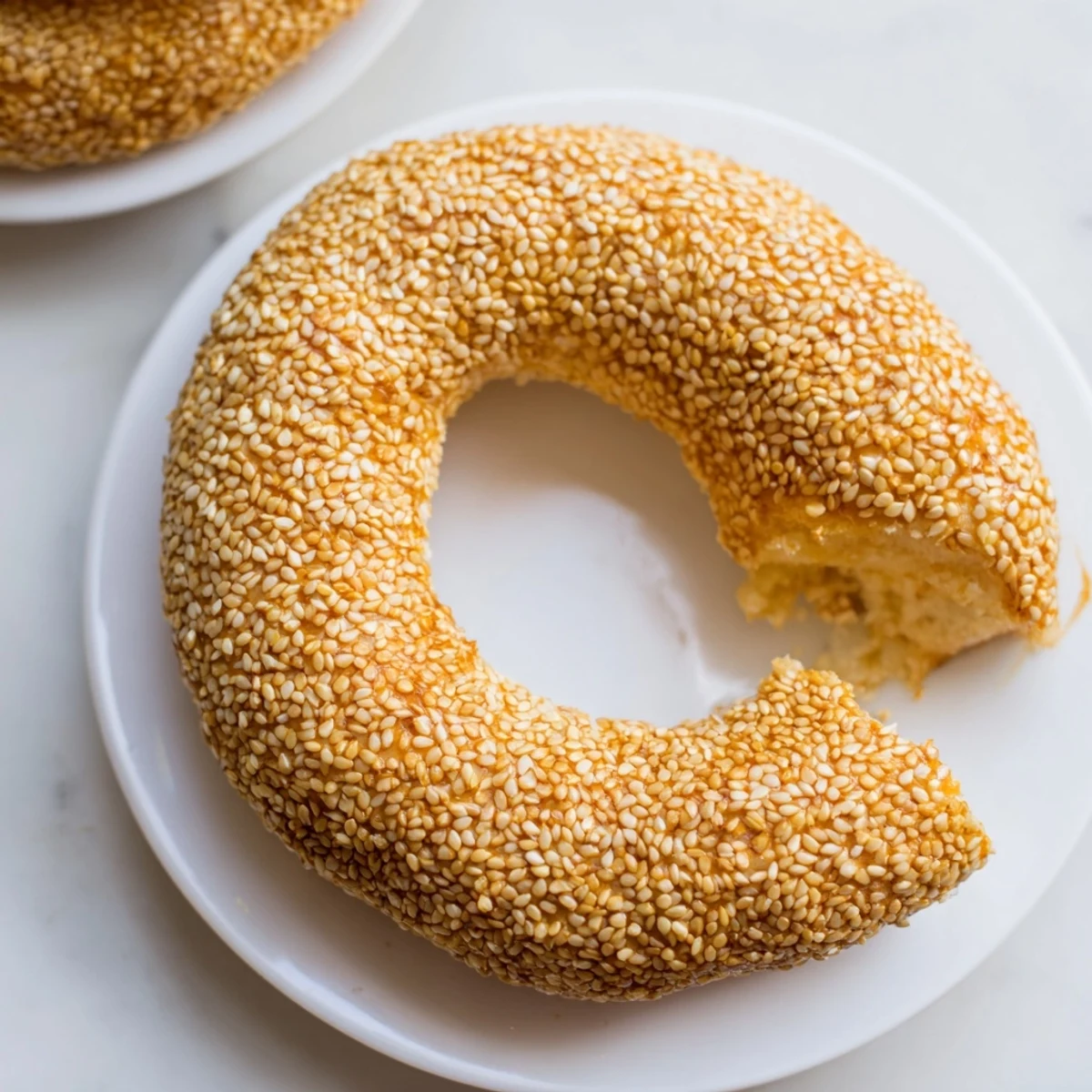 Freshly baked sesame bread rings arranged on baking sheet with golden brown crusts