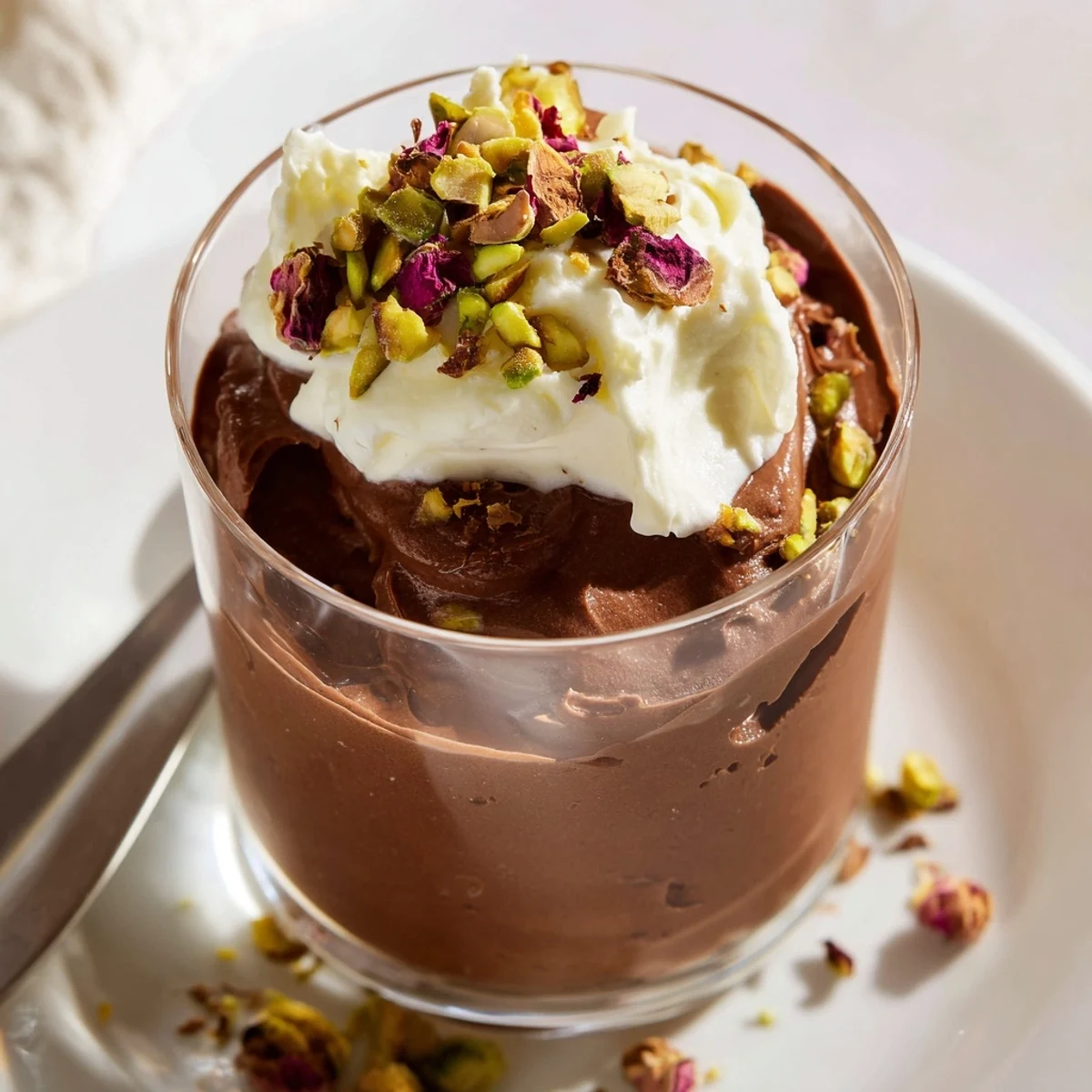 Decadent Dubai Chocolate Cup featuring layers of velvety cardamom-spiced mousse with crunchy honeyed pistachios
