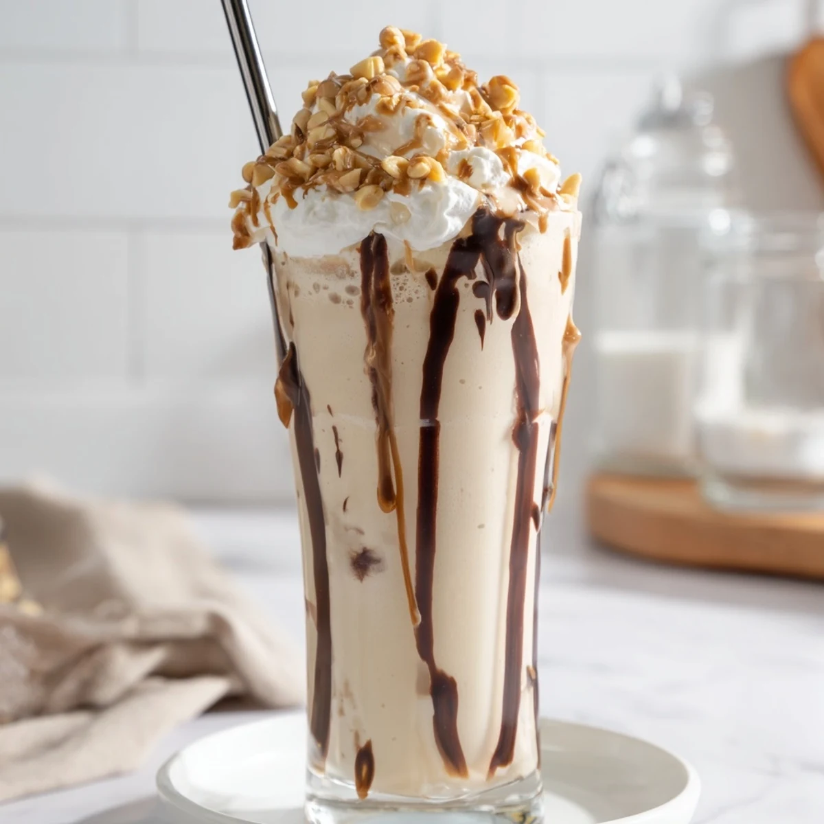 Tall glass filled with creamy Five Guys-style peanut butter milkshake topped with whipped cream