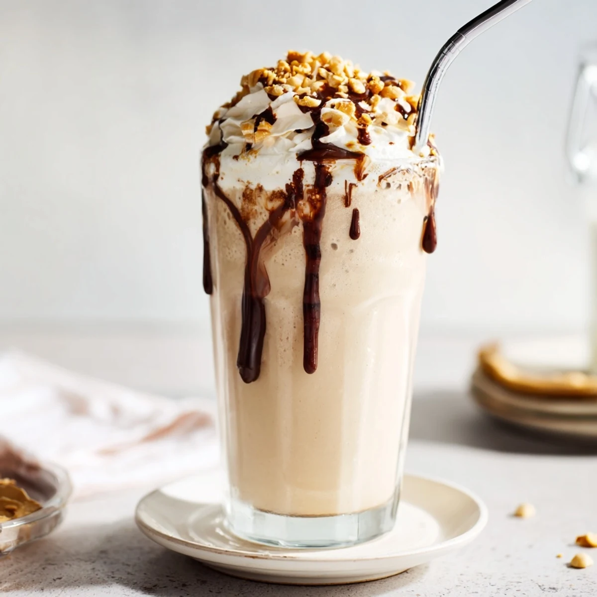 Rich and velvety Five Guys peanut butter milkshake drizzled with chocolate syrup in a chilled glass