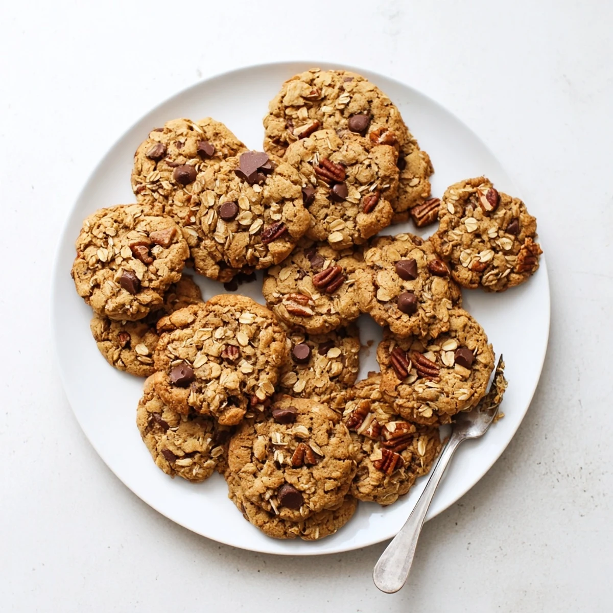 Golden brown butter Irish oat cookies stacked on a wire cooling rack