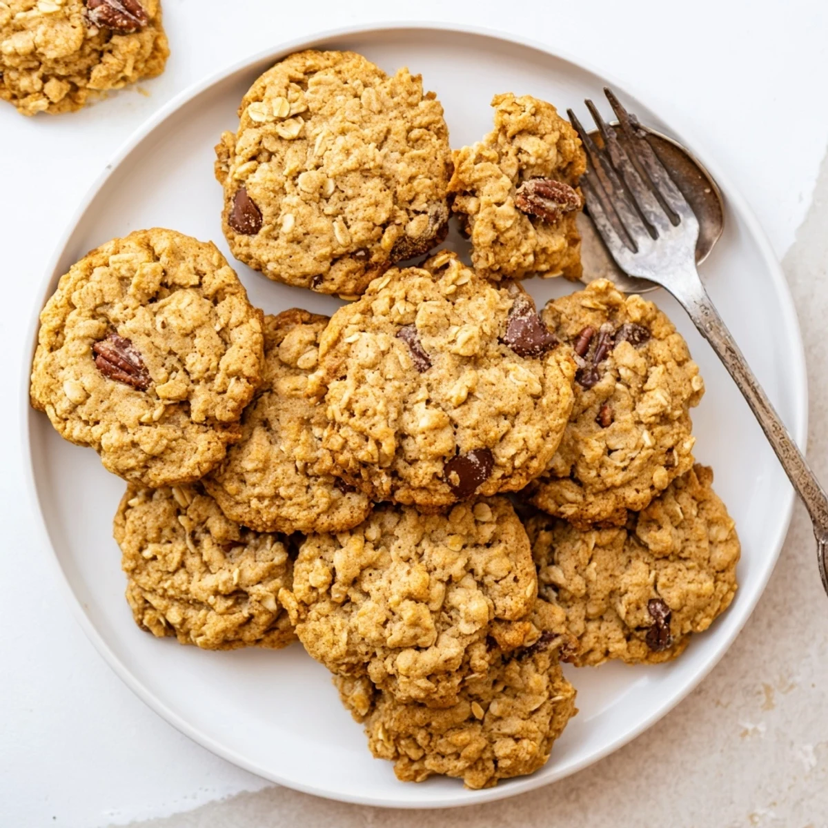 Chewy brown butter Irish oat cookies with melted chocolate chips on a white plate