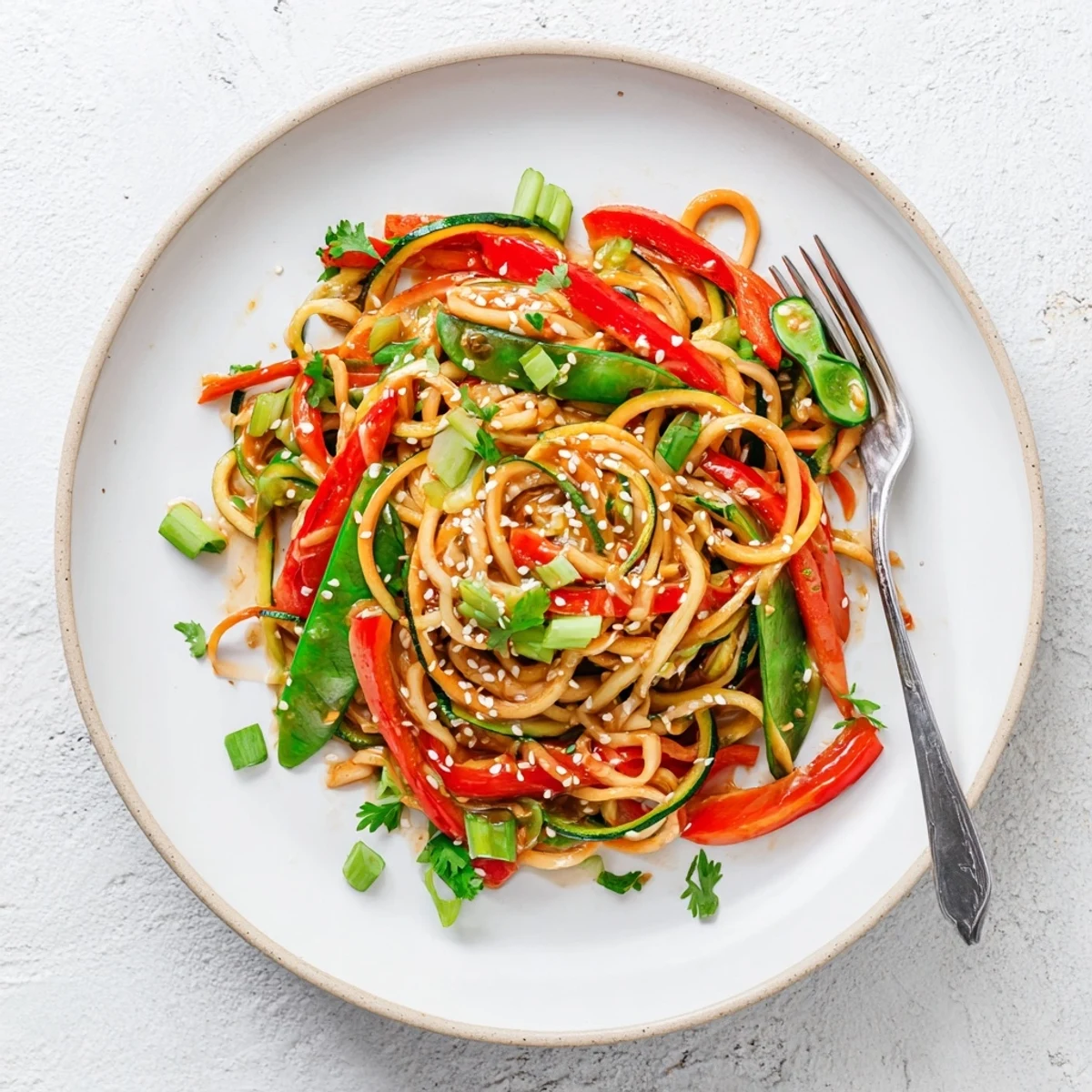 Golden zucchini noodles coated in glossy teriyaki sauce with colorful bell peppers and snap peas
