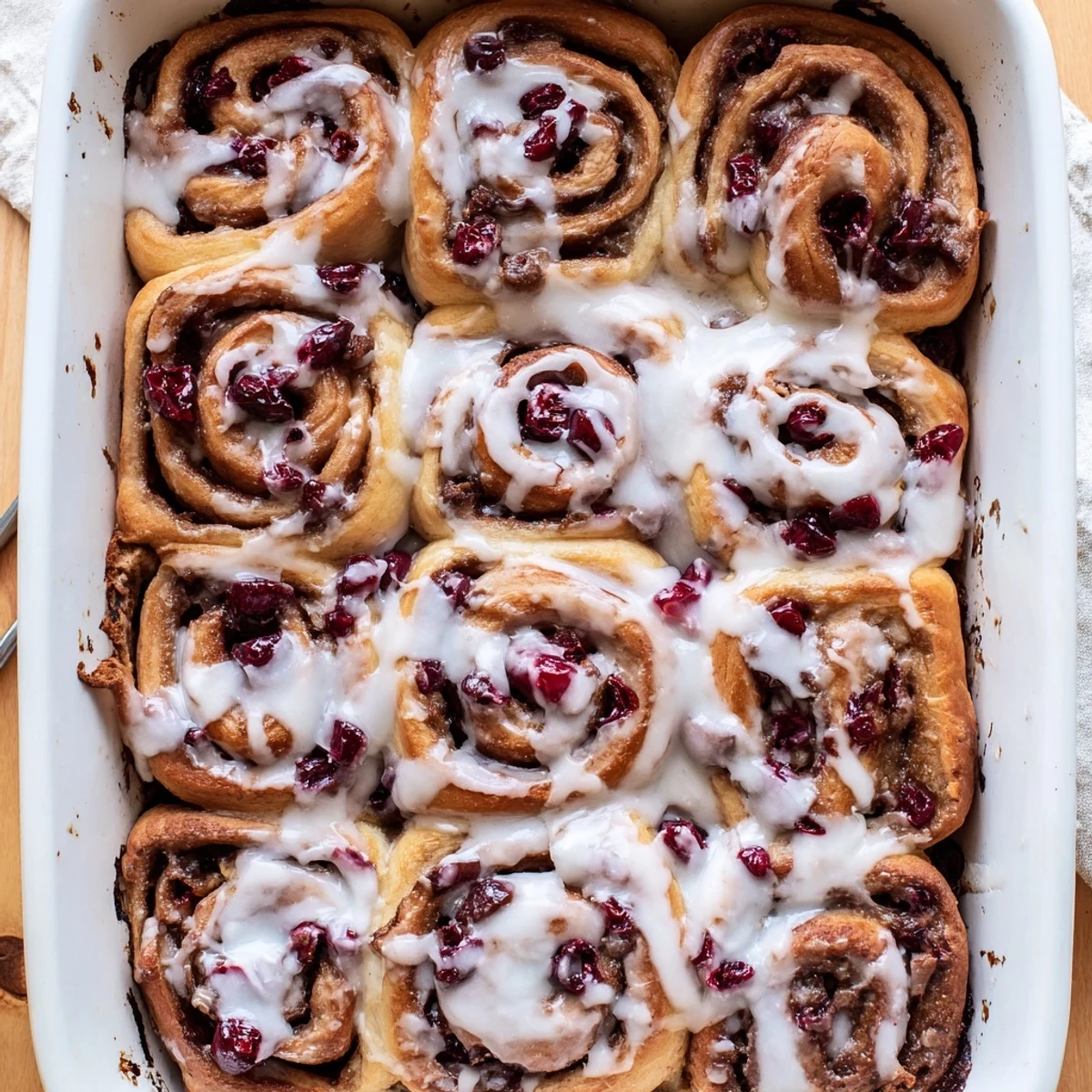 Soft homemade breakfast pastry swirled with cinnamon sugar and tart cherries topped with sweet white icing