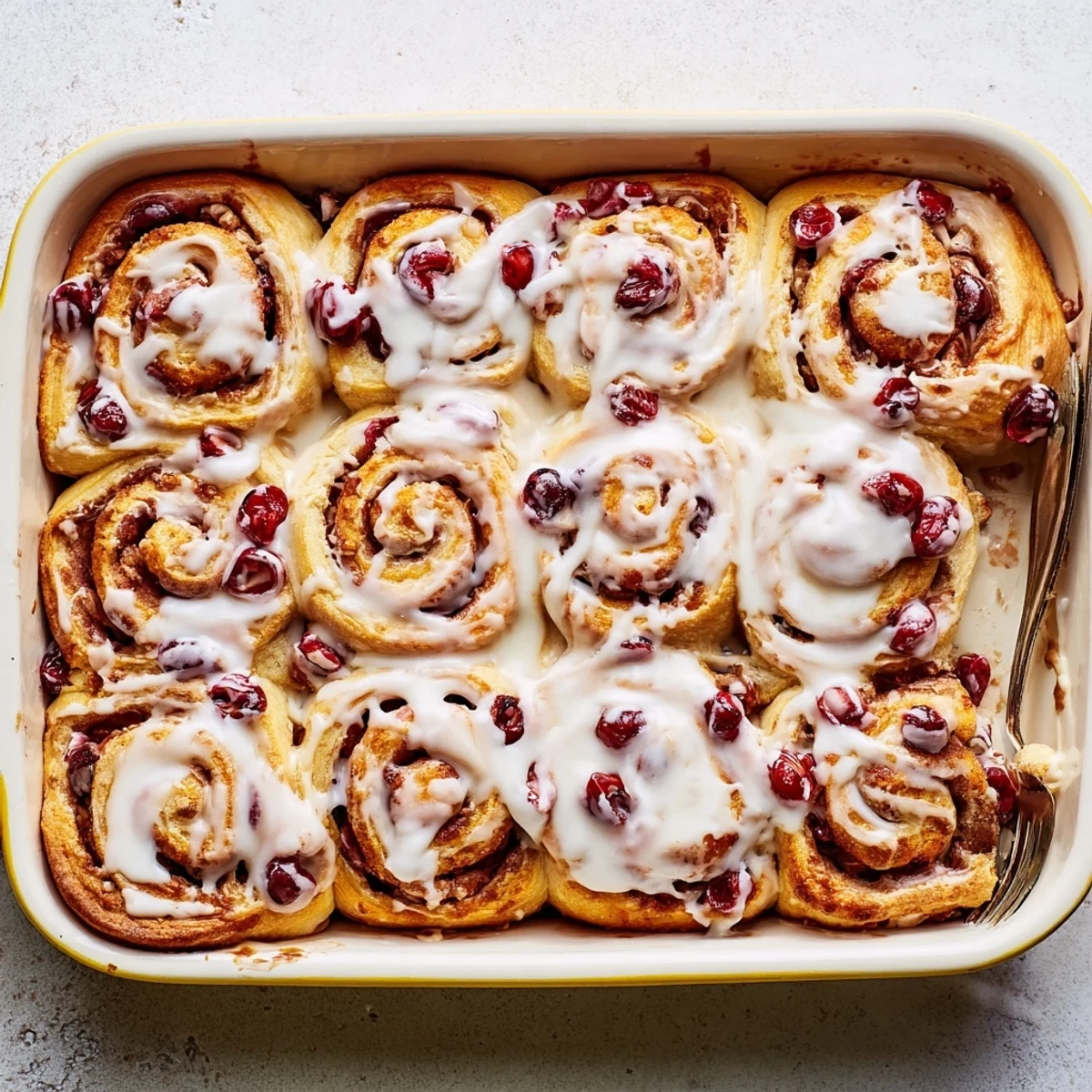 Close-up of warm cherry cinnamon rolls showing juicy fruit filling peeking through flaky golden brown layers