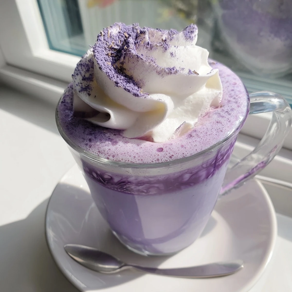 Steaming hot ube latte featuring sweet purple yam blended with frothy milk and coffee