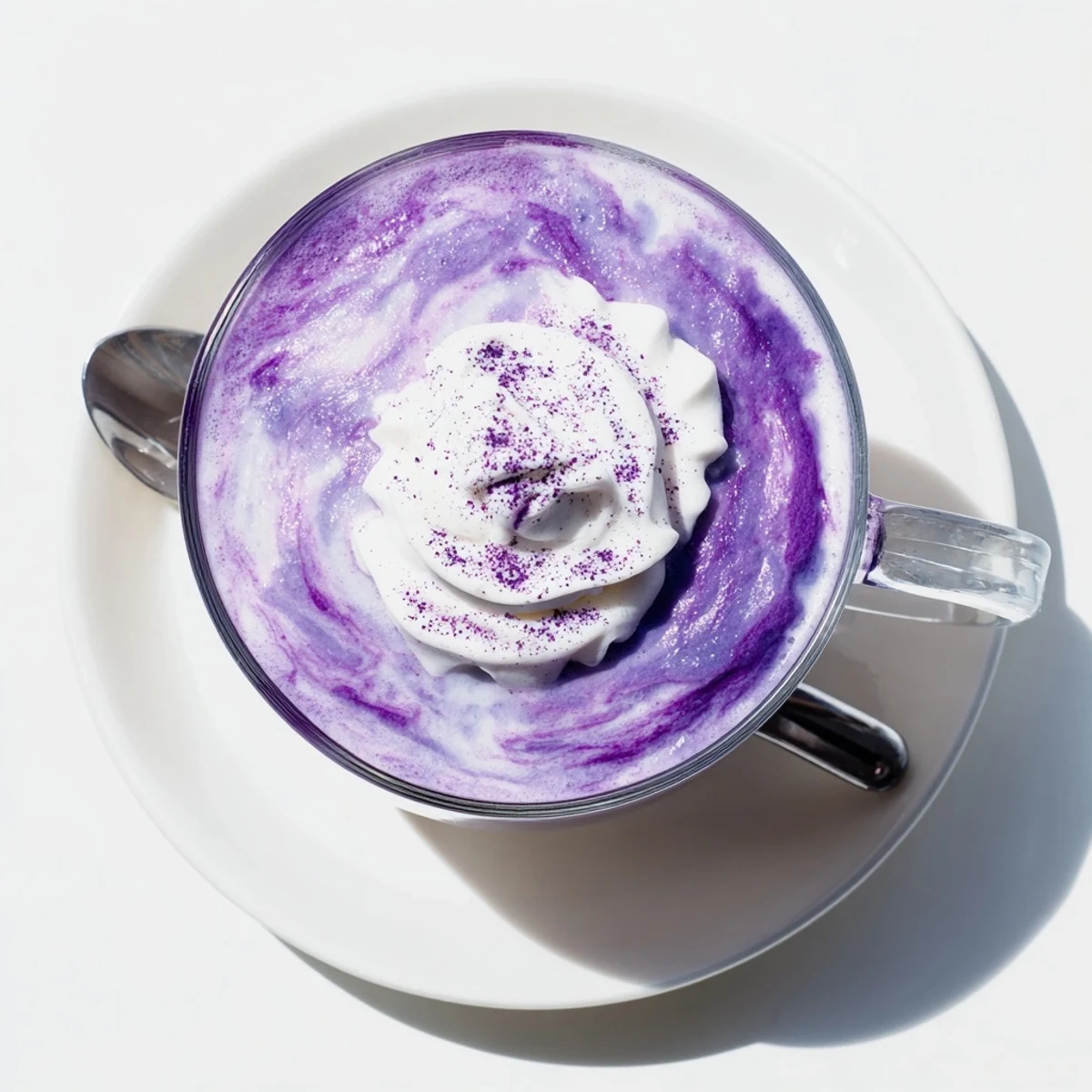 Vibrant Filipino ube latte with swirling purple colors and espresso layered in a clear mug