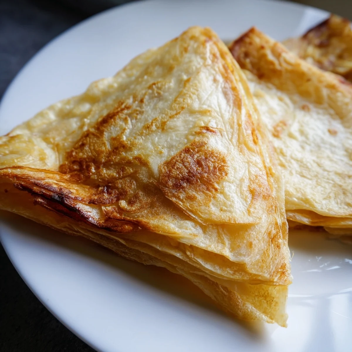 Golden flaky roti canai flatbread with crispy layers stacked on a wooden serving board