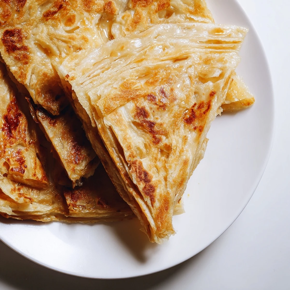 Handheld piece of roti canai revealing signature flaky layers and soft chewy texture