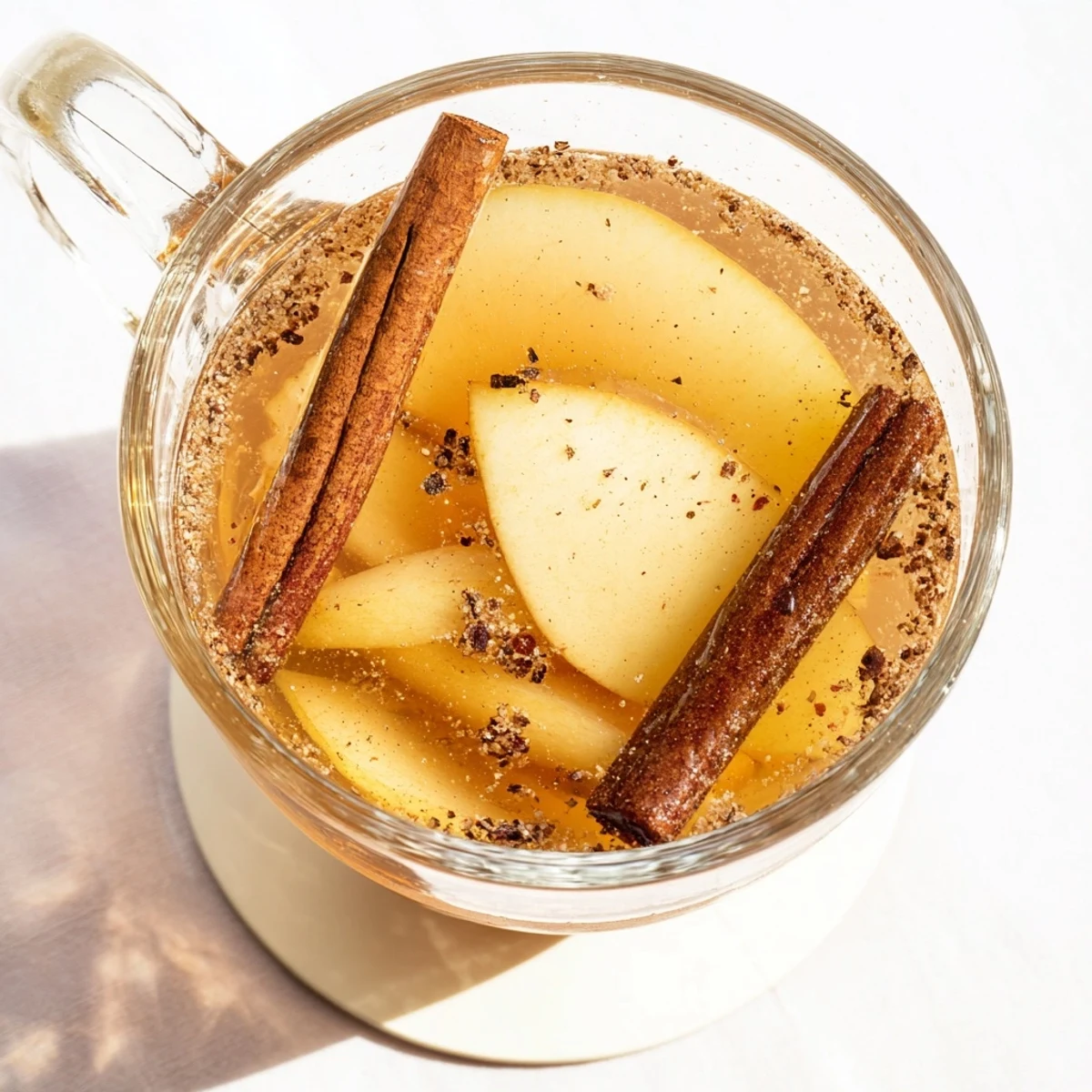Golden cinnamon pear cider steaming in a mug with a whole pear slice and cinnamon stick garnish on a rustic wooden table