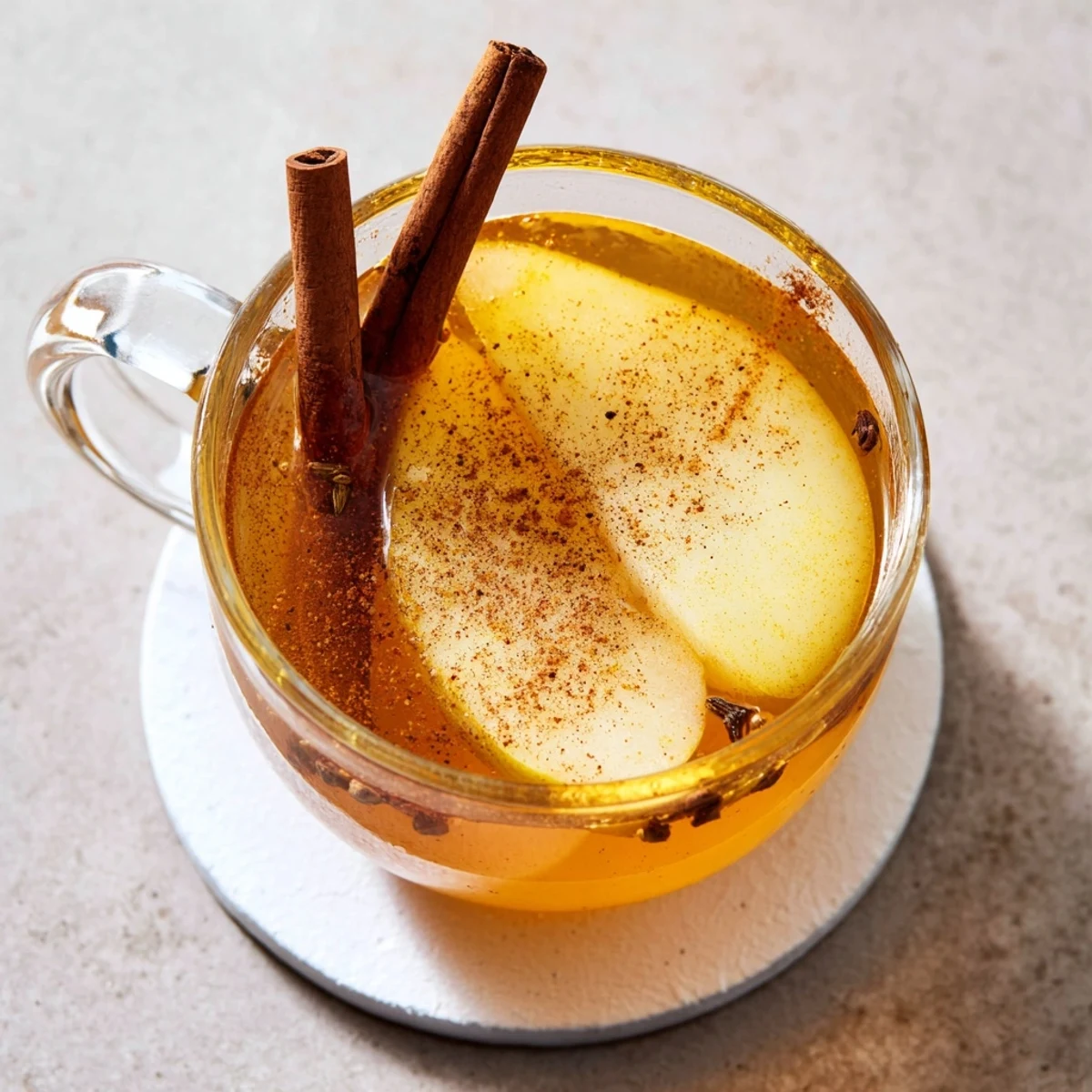 Cozy autumn cinnamon pear cider simmering in a copper pot with whole pears and aromatic cinnamon sticks floating inside